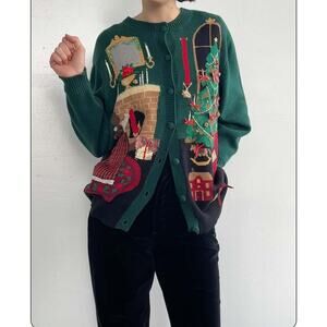Susan Bristol Vintage 1995 3D Cardigan Christmas Sweater Green Large